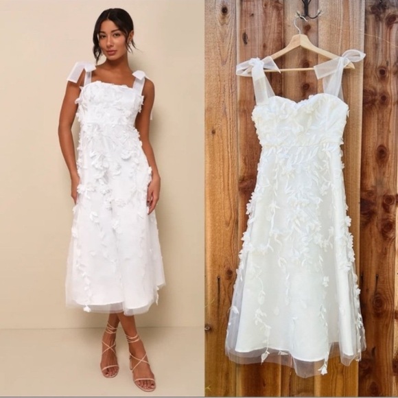 White Tulle 3D Floral Tie-Strap Bow Midi Dress 🌿 - Picture 1 of 8